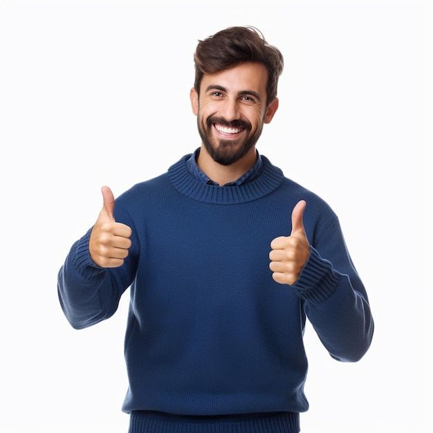 A happy man with a beard doing good and giving thumbs up wearing a blue sweater isolated on a white _ Premium AI-generated image.jfif__PID:ccb8df49-fc03-44e5-a0e3-bd6005dc7fc0